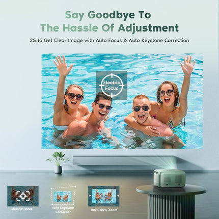 Projector with Wifi and Bluetooth, Native 1080P Portable Mini Projector 4K Support, Electric Focus & Auto Keystone Projector for Bedroom/Home/Outdoor, Compatible with Smartphone/HDMI/USB/TV Stick
