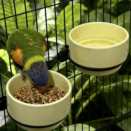 2PCS Ceramic Bird Cage Food Bowls Hanging Parrot Water Bowl Parakeet Feeding Dish Cups Lovebirds Cage Feeder for Budgie Finches Macaw Cockatiels (Yellow)