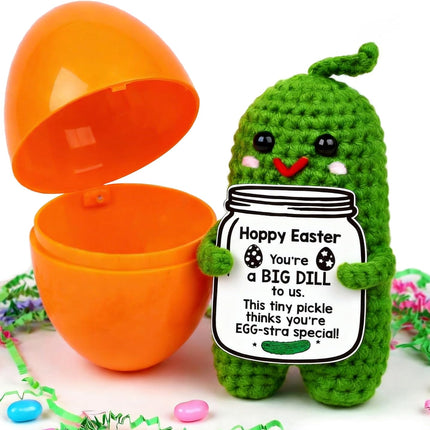 MAMAGIFTREE Easter Basket Stuffers Essentials for Teens Boys Girls Adults Toddler,Easter Gifts Eggs Fillers，Handmade Pickle Crochet Plush Doll with an Egg, Cute Easter Decorations