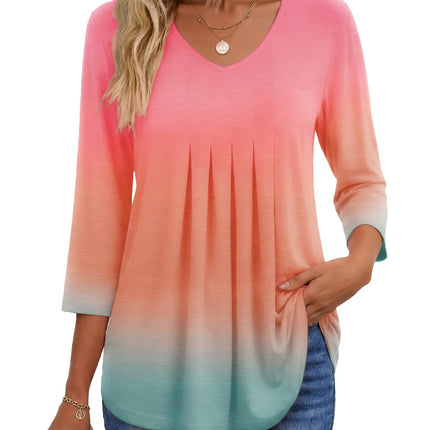 3/4 Length Sleeve Womens Tops V Neck Blouses Pleated Casual Shirts