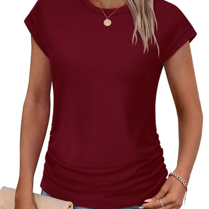 Womens Summer Tops Trendy 2026 Ruched Cap Short Sleeve Tshirts Shirts Crew Neck T Shirts Fashion