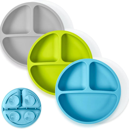 WeeSprout Suction Plates with Lids for Babies & Toddlers - 100% Silicone, Dinnerware Stays Put, Divided Design for Picky Eaters, Microwave & Dishwasher Friendly, 3 Pack