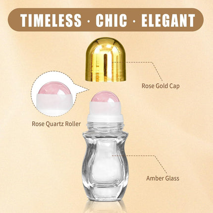 Rose Quartz Roller Waisted Bottles for Essential Oils,30ml Refillable Clear Glass Roll On Bottles with Natural Crystal Roller Balls, Leak-Proof Travel Perfume Bottle with Gold Caps