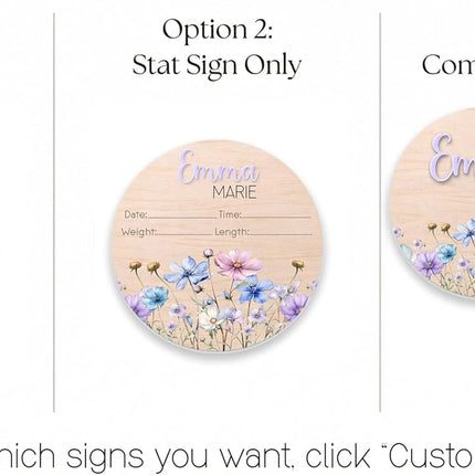 Personalized Wooden Birth Announcement Sign with Raised Acrylic Name – Custom Baby Name Plaque with Wildflowers – Newborn Hospital Photo Prop – 5" to 8" Round Sizes | BS102