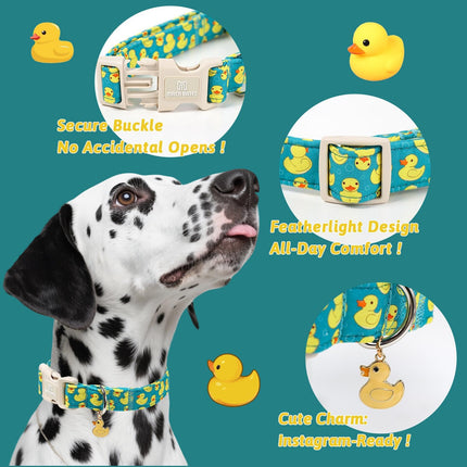 Maca Bates Cute Dog Collar with Rubber Duck Charm for Small Girl Boy Dogs, Green Yellow Ducks Pattern,Adjustable Durable Soft Plaid Collars Irish St. Patrick Gift for Male Female Puppy