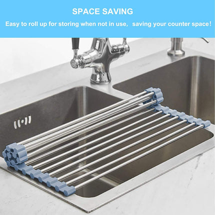 Escurridor enrollable para platos, escurridor sobre el fregadero, escurridor enrollable de cocina, tapete plegable de acero inoxidable para fregadero, 17.5x11.8