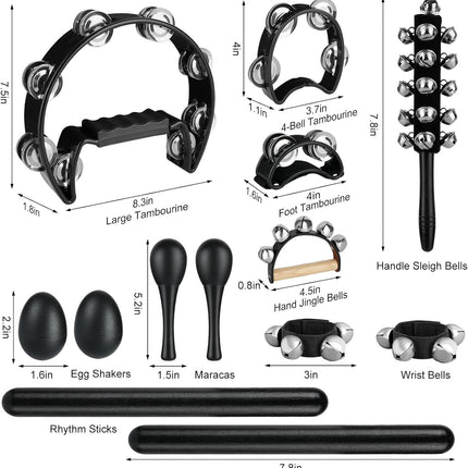 13 Pcs Black Tambourine Set,Double Row Metal Jingles,Foot Tambourine,Egg Shakers,Wrist Bells,Maracas,Rhythm Sticks,Musical Percussion Instrument Set for Church,KTV and Parties