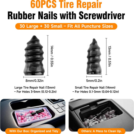 60Pcs Tire Repair Rubber Screw Kit, Dual Size (Small & Large) Rubber Nail Plugs for Car, Motorcycle, Truck, Tractor – Fast Self-Service Tool for Vacuum Tire Puncture Repair, Includes Screwdriver