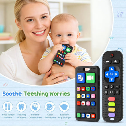 2 Pack Baby Teething Toys for 3-6 6-18 Months, Silicone Phone & TV Remote Control Shape Teether Toys, Newborn Teething Relief Sensory Chew Toys, Baby Shower Gifts for Infant Boys Girls 6-12 Months