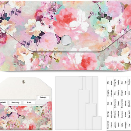 PU Leather Cash Envelopes Wallet, Reusable Money Savin Wallet, Cute Budget Envelope with 4 Dividers & 1 Sheets Budget Labels Watercolor Pastel Flowers