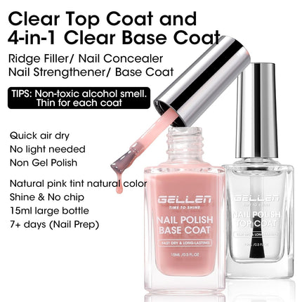 GELLEN Clear Nail Polish Base Top Coat, Quick Air Dry No Wipe Shine Top Coat & Sheer Natural Pink Tinted Base Coat | Non-gel Regular Nail Polish Strengthen Nails with Calcium, Toxin TPO HEMA Free