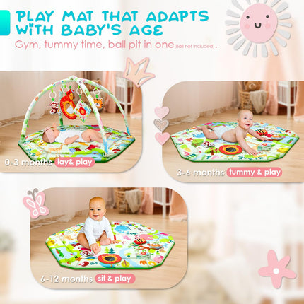 Baby Play Mat,Tummy Time Mat with 6 Detachable Toys-Activity Gym for Visual, Auditory & Motor Development-Washable Baby Activity Mat for 0-12 Month Infants(Animal Theme)