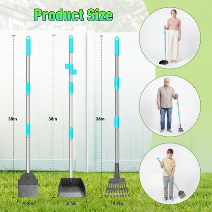 Pooper Scooper and Adjustable Long Handle Dog Pooper Scooper with Spade Shovel, Tray & Rake for Lawns Heavy Duty, Stainless Metal Large Medium Small Pet Supplies on Grass Dirt or Gravel.