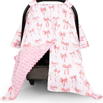 Baby Car Seat Cover, Minky Carseat Cover Baby Girl, Peekaboo Opening Infant Car Seat Cover, Warm Baby Car Seat Canopy for Winter, Pink Bow