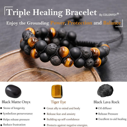 Triple Protection Bracelet for Men Women, Genuine Premium Tiger Eye Black Onyx and Lava Rock 8mm Handmade Bead Bracelet Healing Crystal Protection Bracelets Bring Luck and Prosperity and Happiness