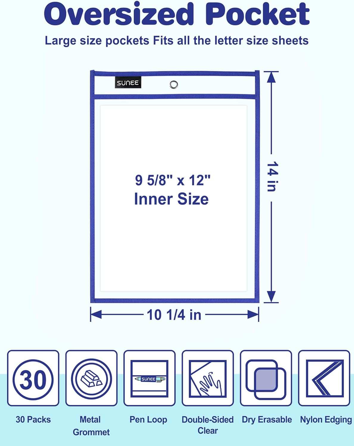 30 Packs Oversized Reusable Dry Erase Pocket Sleeves with 2 Rings, 10 Assorted Colors 10x14 Ticket - photo 2