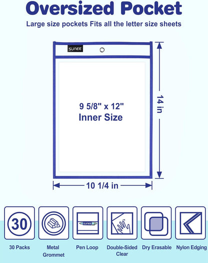 30 Packs Oversized Reusable Dry Erase Pocket Sleeves with 2 Rings, 10 Assorted Colors 10x14 Ticket - photo 2