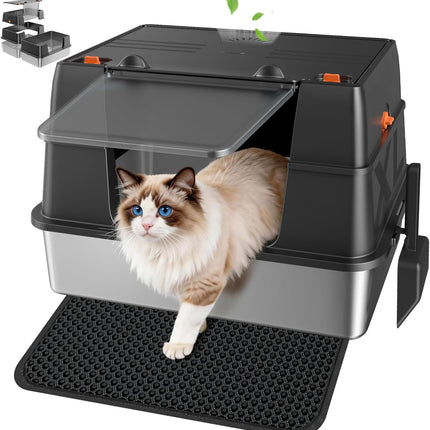 Stainless Steel Litter Box with Lid, Side Entry Extra Large High Sided Enclosure Litter Box, Removable Upper Cover Leak-Proof Odorless Non-Stick Easy Clean Metal Pan with Scoop & Mat