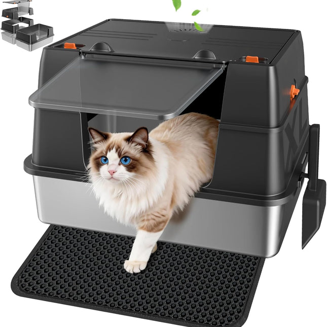 Stainless Steel Extra Large High-Sided Litter Box with Lid