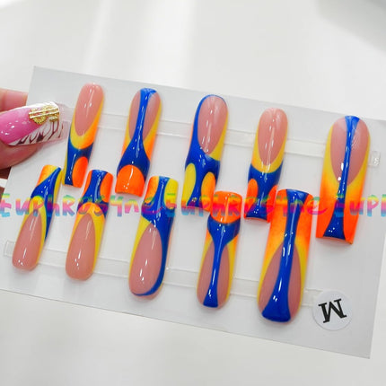 10PCS Colorful Swirl Press On Nails – Long Coffin Fake Nails with Blue, Orange & Yellow Abstract Design, Glossy Reusable Y2K Nails for Women and Girls – Euphrosyne