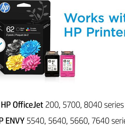 HP 62 Black/Tri-Color Ink (2-Pack) | Works with Envy 5540, 5640, 5660, 7640, OfficeJet 5740, 8040, OfficeJet Mobile 200, 250 | Instant Ink Eligible | N9H64FN | Packaging May Vary