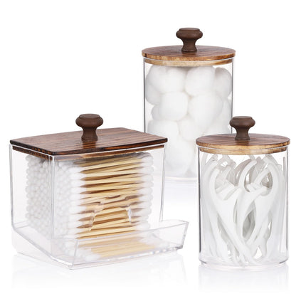 3 Pack Qtips Holder Bathroom Container, 10 oz Cotton Ball/Swabs Dispenser, Apothecary Jar Organizer for Storage Brown Wood Lids