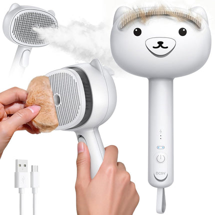 Self Cleaning Shedding Steam Cat Brush, Silicone Scraper Included Dog Brush, Adorable Bear Design, primecat, Cat Brushes for Shedding, USB Rechargeable, for Grooming & Haired Pets, Dogs & Cats, White