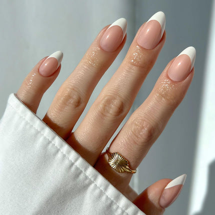 Press On Nails - MaDamn | French Tip UV Finish Short Pointed Almond Fake Nails, Salon Quality Semi-Transparent Nails in 12 Sizes - 24 Nail Kit with Glue