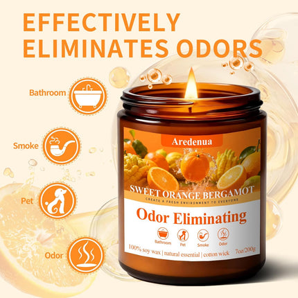 Sweet Orange Bergamot Odor Eliminating Candles | Eliminates 95% of Pet, Smoke & Bathroom Odors – 7oz Hand Poured Non-Toxic Soy Candle - Air Freshing Scented Candle Gifts for Positive & Relaxation