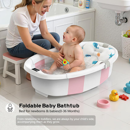 Collapsible Baby Bathtub for Newborn to Toddlers 0-36 Months, Large Baby Tub with Thermometer & Cushion, Easy Setup Foldable Travel Infant Bathtub, Newborn Babies Boy Girl Bath Tubs Pink