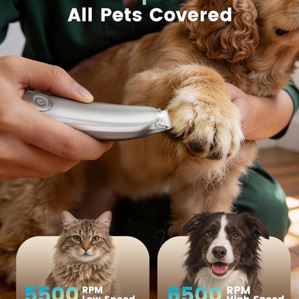 oneisall Dog Paw Trimmer, 2-Speed Up to 6500 RPM, 35dB Low-Noise Safe Pet Paw Trimmers with Curved Blade and LED Light, Cordless Pet Grooming Paw Clipper for Dogs, Cats, Paws, Ears, Face, Rump
