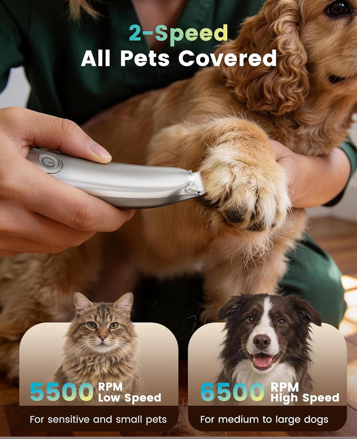 Dog Paw Trimmer, 2-Speed Low-Noise Cordless Pet Grooming Clipper with LED Light - photo 3