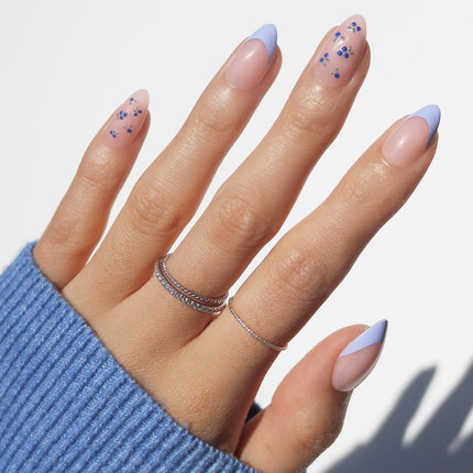 Glamnetic Press On Nails - Bluebelle | Short Almond Fake Nails with Pale Blue French Tips & 3D Blueberry Accents on Semi-Sheer Base, Glossy Finish, Salon Quality | 15 Sizes - 30 Nail Kit with Glue
