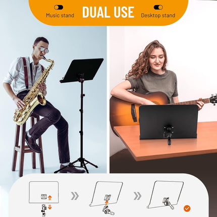 CAHAYA 5 in 1 Heightened Dual-use Sheet Music Stand & Desktop Book Stand Metal Portable Solid Back with Height Adjustable from 31.4-67in Including Carrying Bag, Sheet Music Folder & Clip CY0304
