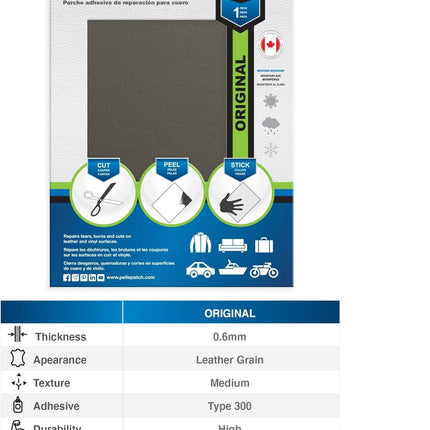 Pelle Patch - Leather Repair Patch for Car Seat - 25 Colors Available - Original 8x11 - Medium Grey