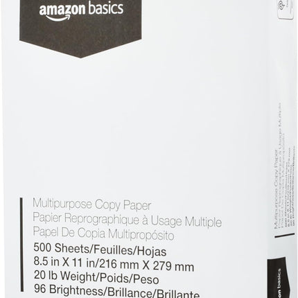 Amazon Basics Multipurpose Copy Printer Paper, 8.5 x 11 Inches, 20 lb Weight, 96 Bright White, 500 Sheets (1 Ream)