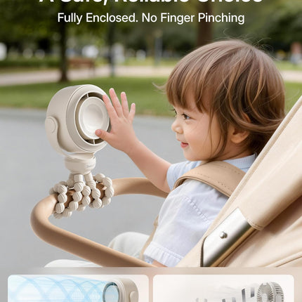 SWEETFULL Portable Stroller Fan, Pinch-Proof Baby Fan, 10H Battery, 5-Speed Quiet Mini Clip on Fan, USB-C Rechargeable with LED Display for Car Seat, Crib & Travel - Cream