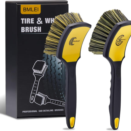 BMLEI Wheel & Tire Brush Set, 2 Pack Car Wheel Brush & Tire Cleaner Brushes, Soft Bristle Rim Brush and Stiff Tire Scrub Brush, Scratch-Free Wheel Cleaning Kit for Car Detailing, Trucks, SUVs