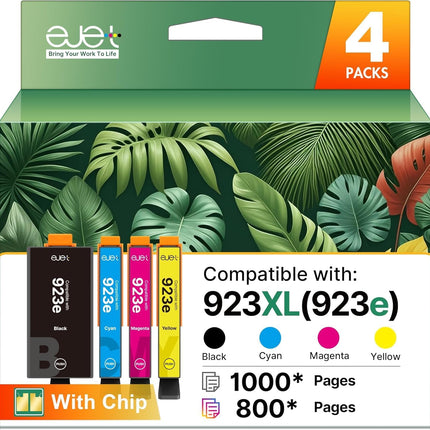 ejet Compatible Ink Cartridge Replacement for HP 923 923XL, 4-Pack Black Cyan Magenta Yellow, High Yield Compatible with OfficeJet Pro 8130e 8120e 8125e 8139e