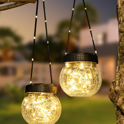 Solar Lanterns Solar Lights Outdoor Waterproof 6-Pack, Solar Powered Hanging Lights Cracked Glass Hanging Globes for Christmas Decoration, Shepherd Hook, Garden Tree Ornaments