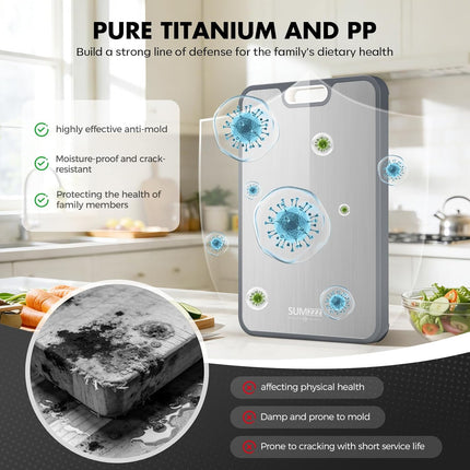 Sumzzz Titanium Cutting Board for Kitchen, Non Toxic 2-in-1 Cutting Board Double Sided Food Grade Pure Titanium, Knife Friendly Easy to Clean Large Size 15”×10.3”