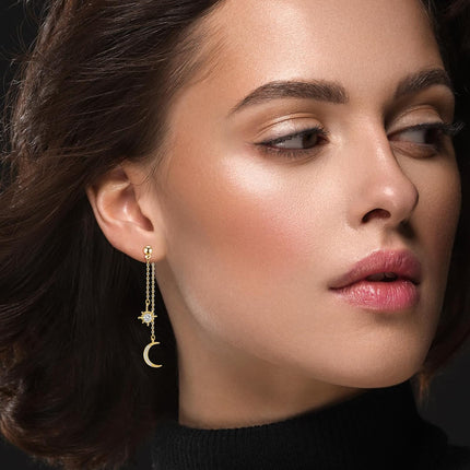 Moon and Star Dangle Earrings for Women Chain Tassel with Cubic Zirconia Drop Celestial Jewelry for Wedding Gift