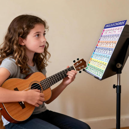 Laminated Ukulele Chord Chart, 11.2” x 8.2” Music Theory Poster – 2-Pack, Beginner-Friendly with Circle of Fifths, PVC Material, Tear-Resistant & Waterproof