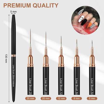 Metallic Nail Art Pens, Liner Brushes Set, 5PCS Black Nail Tools