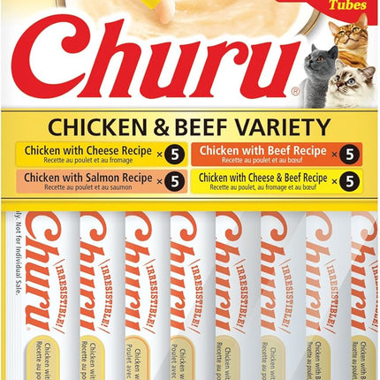 INABA Churu Cat Treats, Lickable, Squeezable Creamy Purée Cat Treat with Green Tea Extract & Taurine, 0.5 Ounces Each Tube, 20 Tubes, Chicken & Beef Variety Box