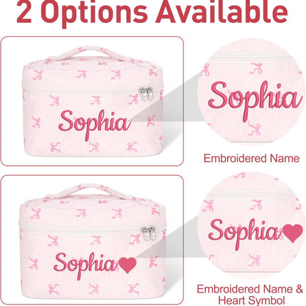 Personalized Large Quilted Makeup Bag for Women,Custom Cotton Travel Cosmetic Bag with Embroidered Name,Cute Toiletry Organizer Bag Bridesmaid Birthday Gift