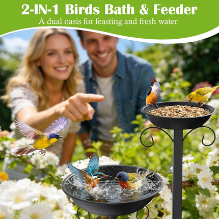 Pawaboo Bird Bath for Outside, 47in Metal Freestanding Birdbaths & Birdfeeder, Bird Feeder Bowl and 2 Birds Bath Bowls, 5-Pronged Base Birds Baths Feeder Stand