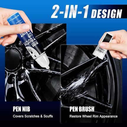 Gloss Black Rim Touch Up Paint, 2-in-1 Brush & Tip, 0.4 fl oz - Universal Black Rim Curb Rash Repair Kit for Scratches, Scuffs Alloy/Metal Wheels, OEM Color Match, Quick-Dry & Long-Lasting
