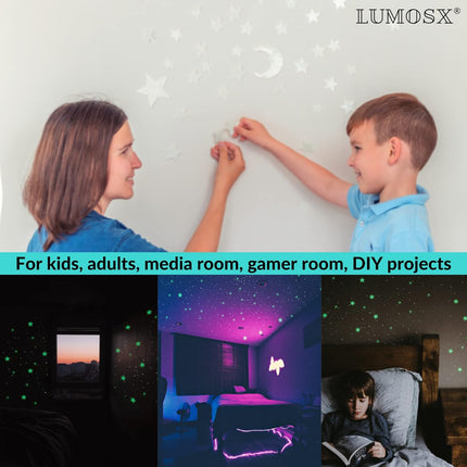 Glow in the Dark Ceiling Stars for Kids Room – 220pcs Glow Stars for Ceiling Made from Recycled Materials with Moon, North Star & Constellation E-Book | LUMOSX