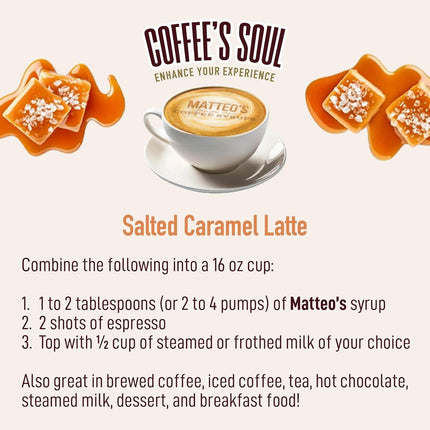 Matteo's Salted Caramel Syrup for Coffee, Lattes, Cappuccinos & Desserts – Sugar-Free Sweetener for Beverages, Keto Friendly, Zero Calories, Indulgent Flavor, Non-Alcoholic, 33.8oz (1pk)